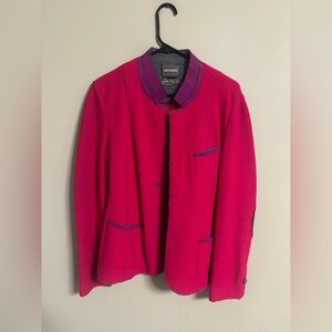 Geiger Pink Wool Jacket Blazer Purple Trim Leather Elbow Patches Size 42 Large